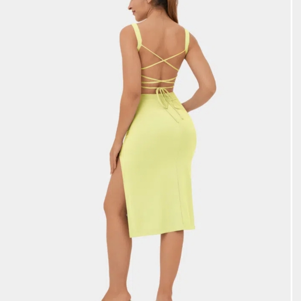 Halara, Ruched Backless Crisscross Lace Up Split Bodycon Midi Casual Dress Sz XL - Picture 2 of 6
